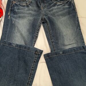 Wallflower Juniors Size 13 Distressed Blue Flare Embroidered pocket Jeans Denim